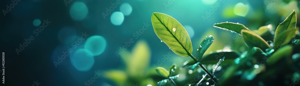 Poster a close-up view of lush green leaves with a soothing bokeh effect in the background, capturing the e
