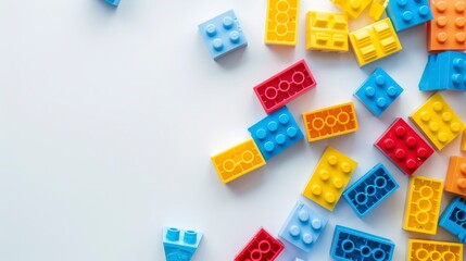 Colorful building blocks scattered on a surface for creative play and construction.