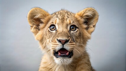 Obraz premium Lion cub with a shocked and amazed expression, lion, cub, wildlife, animal, surprised, amazed, expression, cute, adorable, young