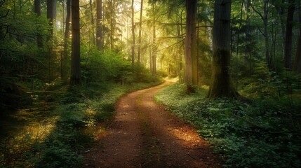 Fototapeta premium A serene forest path with dappled sunlight filtering through the trees, symbolizing the freedom and peace of exploring nature trails.