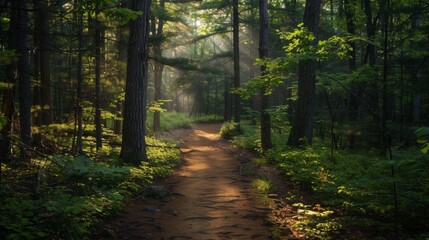 Obraz premium A serene forest path with dappled sunlight filtering through the trees, symbolizing the freedom and peace of exploring nature trails.