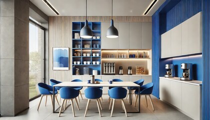  A modern office break room with neutral base of soft gray and white, accented by cobalt blue elements.jpeg
