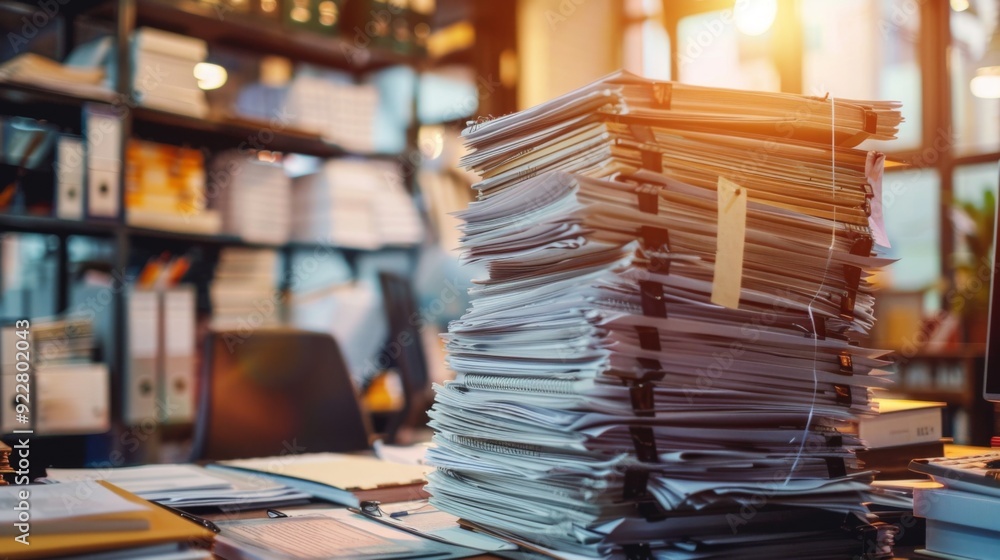 Poster a stack of official documents and files piled high on a desk, representing the challenges of managin