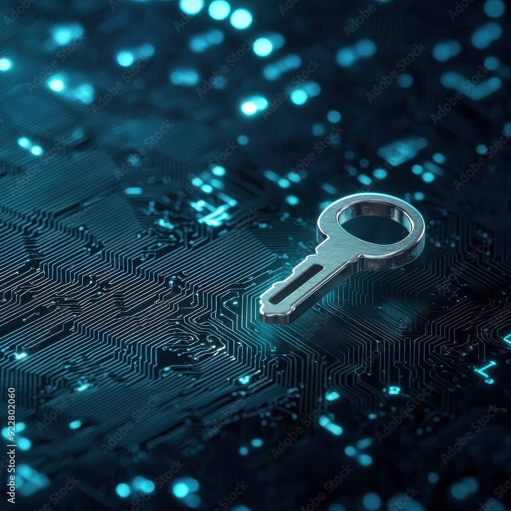 Poster a digital key rests on a glowing circuit board, symbolizing security and technology in the modern di