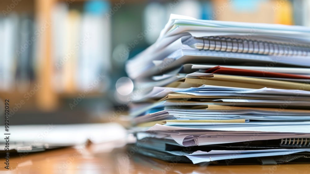 Poster a stack of official documents and files piled high on a desk, representing the challenges of managin
