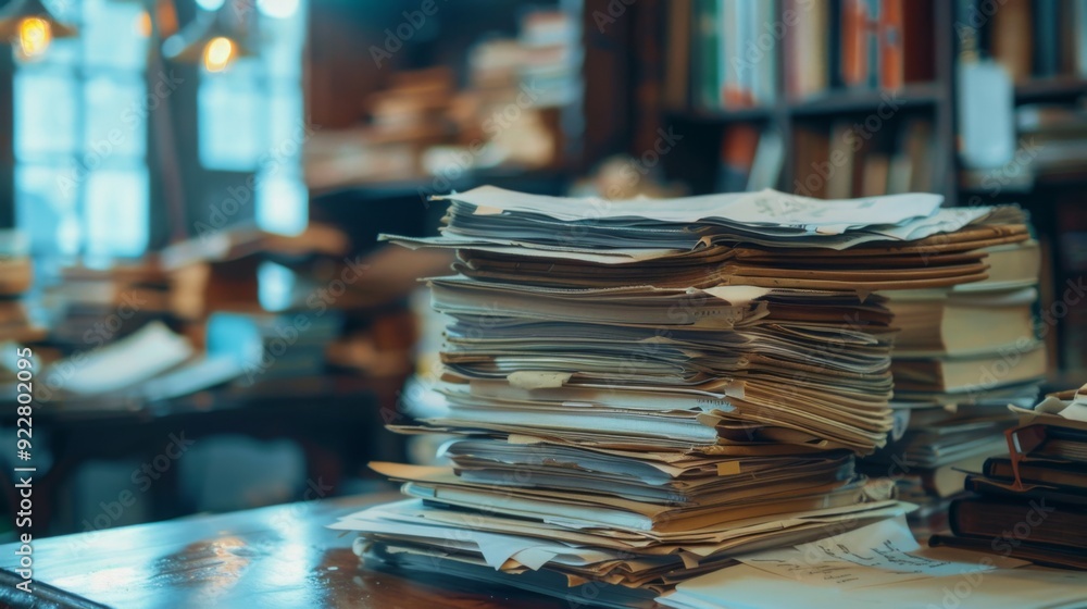 Poster a stack of official documents and files piled high on a desk, representing the challenges of managin