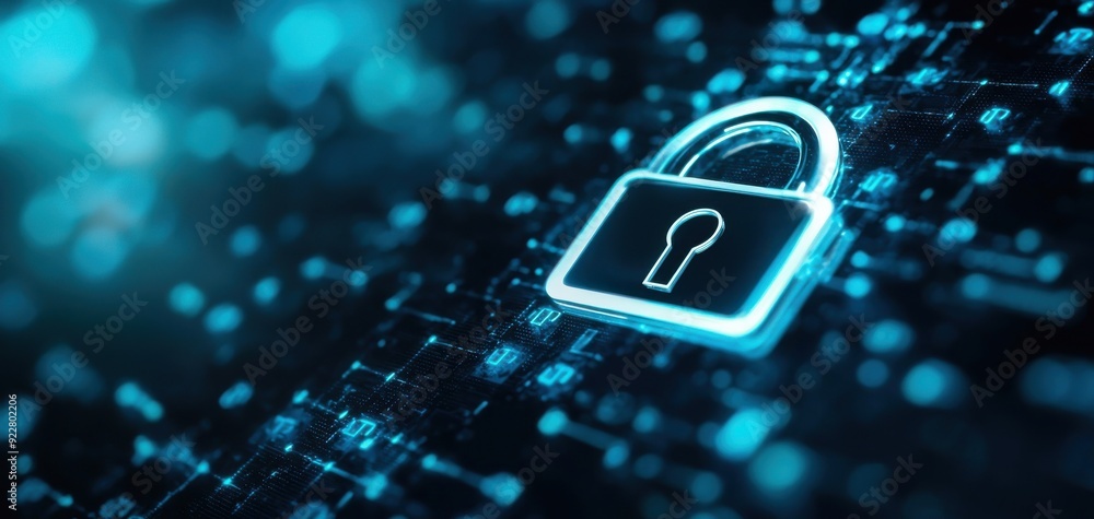 Aufkleber a digital lock symbol representing cybersecurity and data protection in a futuristic environment.
