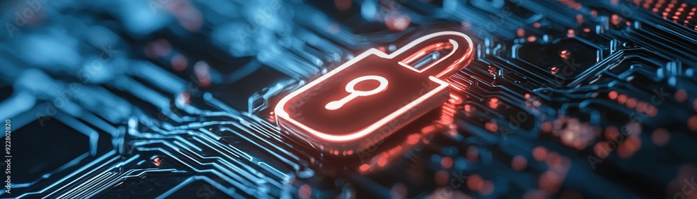 Poster a futuristic digital lock symbol on a circuit board background, representing cybersecurity and data 