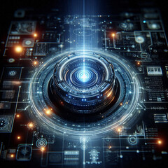 Obraz premium Futuristic AI interface with a glowing orb surrounded by data screens