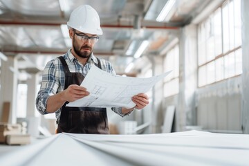 Construction engineer in a hard hat examining architectural blueprints on-site, ensuring accuracy in the development of a commercial building