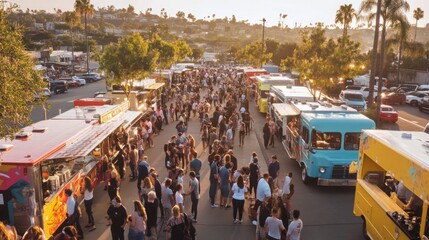 A crowd of people stand in line at a street fair, waiting to order food from a variety of food trucks.