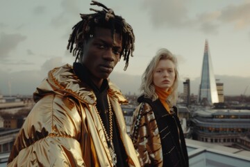 Obraz premium A stock of multiethnic models dressed in futuristic fashion styles at twilight in an urban setting