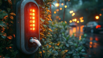 A charging station for electric vehicles, illuminated in a rainy urban setting.