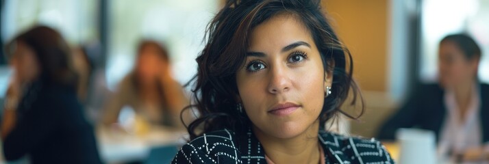 A Hispanic businesswoman engages with her colleagues during a luncheon meeting.