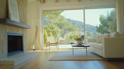 A living room with a fireplace and sliding glass doors leading to the outside, AI