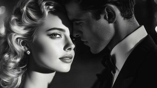 Elegant blonde woman and handsome man in close embrace, captured in a black and white vintage-style portrait with dramatic lighting