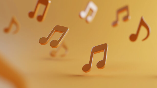 Bright orange musical notes gently float against a warm yellow backdrop, creating a serene and artistic atmosphere