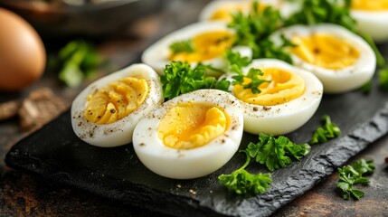 Sliced boiled eggs seasoned with black pepper and garnished with fresh parsley, arranged on a dark slate serving platter in a rustic setting - Powered by Adobe