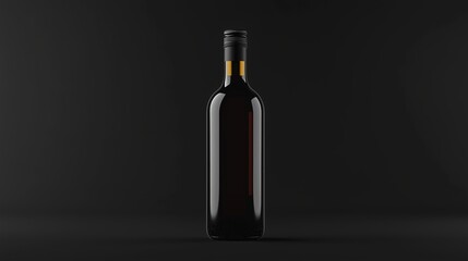 Minimalist black wine bottle standing against a dark background, perfect for product mockup or branding purposes, showcasing a sleek and elegant design with a reflective surface