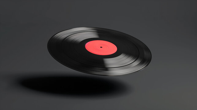 Black vinyl record with a red label is suspended mid-air, showcasing its round shape and smooth surface against a dark backdrop