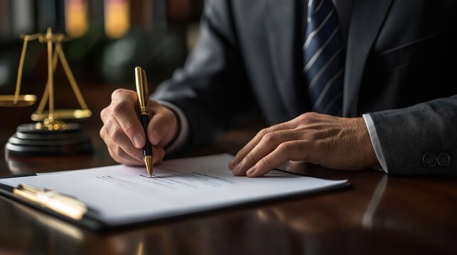 Close-up of a lawyer in a suit signing legal documents at a desk, with a golden scale of justice in the background, representing the drafting of subpoenas