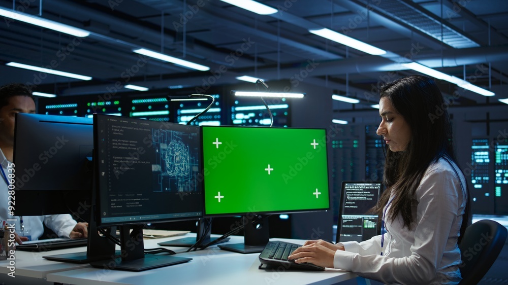 Poster admin using ai tech on isolated screen pc to do maintenance in server room. specialist in data cente