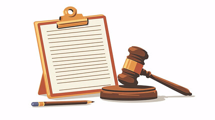 A simple illustration of a judge's gavel, a clipboard with lined paper, and a pencil, symbolizing law and legal documentation, set against a white background