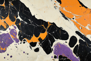 Marble Paper Background with White, Black, Orange, and Purple Colors, Featuring Abstract Swirling Patterns and Elegant Fluid Art Design