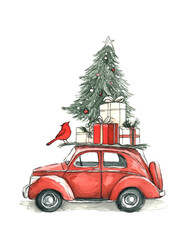 Whimsical Christmas Illustration of a Red Car Carrying a Tree, Presents, and a Cute Bird, Perfect for Festive Holiday Decor and Seasonal Greetings