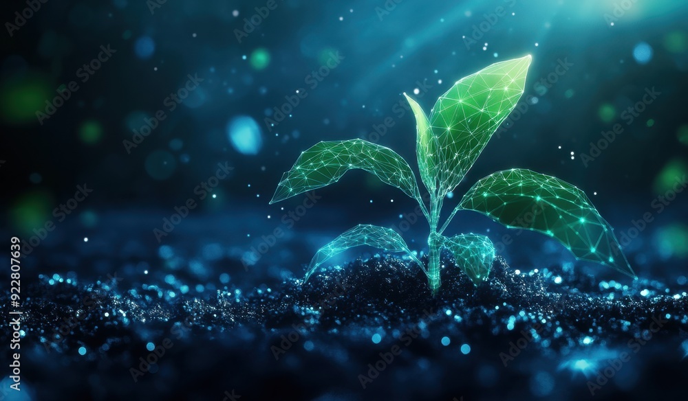Wall mural a small plant growing on the soil with data visualization lines and small particles floating around 