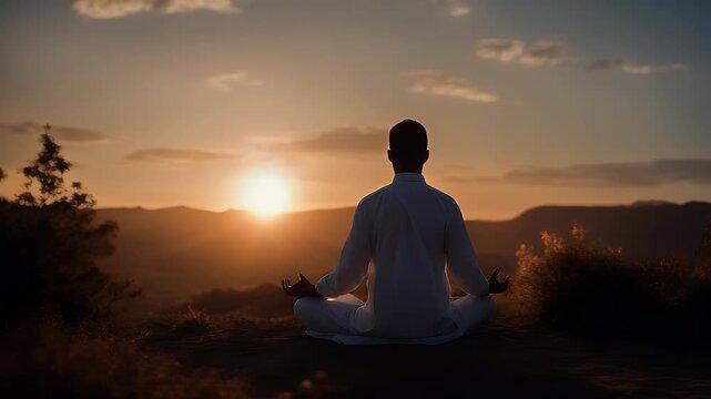 man relaxing meditate view mountain and sunrise make yoga at hill sitting spiritual relaxation video in 4k