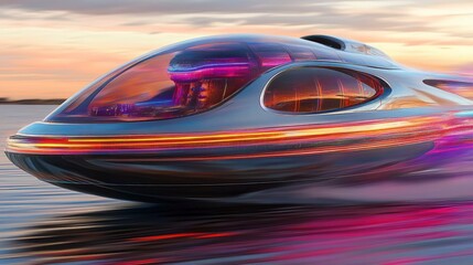 Obraz premium A futuristic, sleek vehicle gliding over water with vibrant lights reflecting in the sunset.