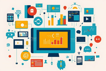 Various Icons Surrounding Computer Screen, Develop a comprehensive marketing plan that integrates both traditional and digital strategies