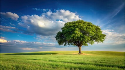 Fototapeta premium A single tree standing alone in a field , isolation, nature, solitude, growth, tree trunk, greenery, landscape