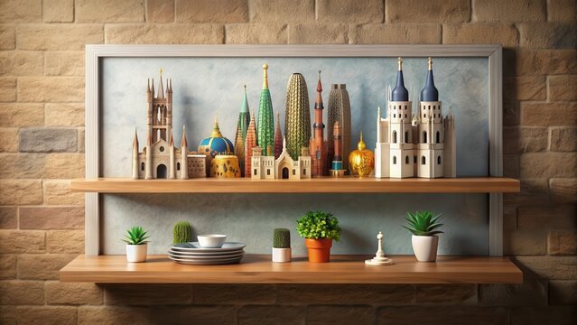 Tableau de Barcelone sur ?tag?re avec accessoires de d?coration, Barcelone, tableau, ?tag?re, accessoires, d?coration, int?rieur