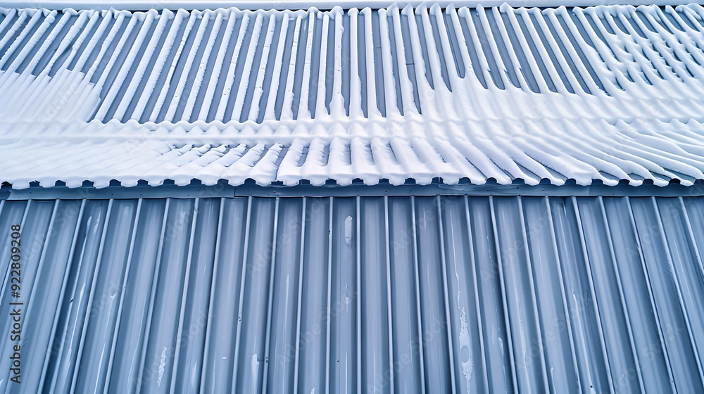 Wall mural roof made of corrugated metal board with snow guards in top view