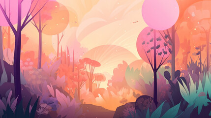 A whimsical enchanted forest, pink, purple, orange and green gradient, with a cartoon style aesthetic in the style of lofi, y2k, and vintage aesthetics, simple, with pastel colors, a dream
