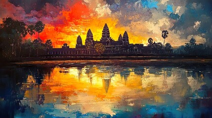 Fototapeta premium Sunset hues blending over water in a stunning acrylic painting image