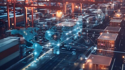 Obraz premium A digital interface showing global supply chain tracking, with multiple points connected by lines and data visualizations, symbolizing the integration of technology in managing complex logistics netwo