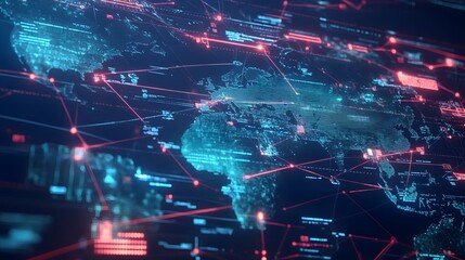 Naklejka premium A digital interface showing global supply chain tracking, with multiple points connected by lines and data visualizations, symbolizing the integration of technology in managing complex logistics netwo