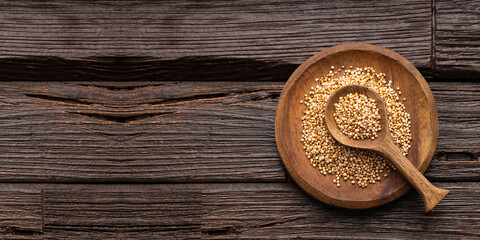 Wooden bowl and spoon with amaranth pops - Amaranthus.