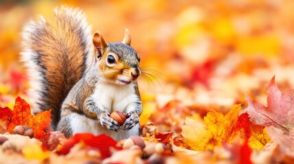 Eastern Gray Squirrel Gathering Acorns Amongst Colorful Autumn Leaves.