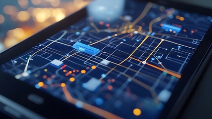 A close-up of a tablet or smartphone displaying real-time logistics management software, with delivery routes, inventory tracking, and predictive analytics, illustrating the impact of technology on lo