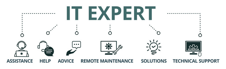 IT expert banner icon, assistance, help, advice, solutions and technical support vector illustration concept