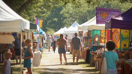 Visitors stroll between colorful vendor tents filled with handcrafted goods under a clear sky during a lively outdoor market.