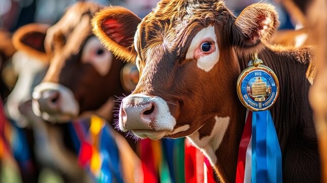 Cows adorned with colorful ribbons exhibit their prizes at a livestock show, showcasing breeding excellence.