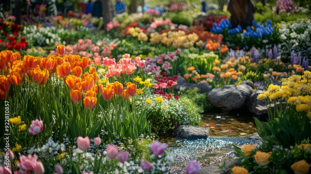 Poster a colorful array of blooming flowers surrounds a gentle stream under the warm sunlight of spring.
