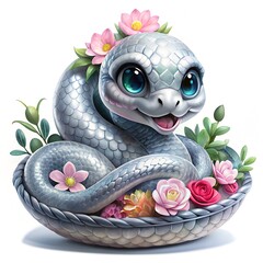 Cute gray or silver snake with flowers in a basket isolated on white background.