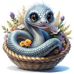Cute gray or silver snake with flowers in a basket isolated on white background.