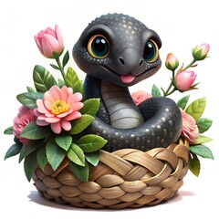 Cute black snake with flowers in a basket isolated on white background.